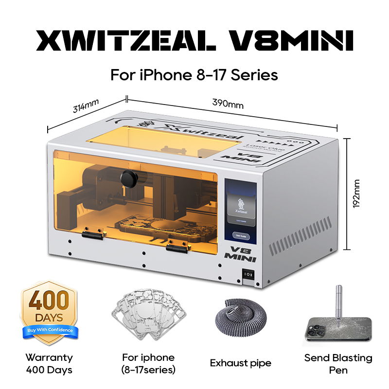Industrial Laser Removal - Xwitzeal ® iPhone背面ガラス修理用V8 MINIレーザー接着剤除去機、8-17シリーズ鉄製金型と電話修理ツールキット付き