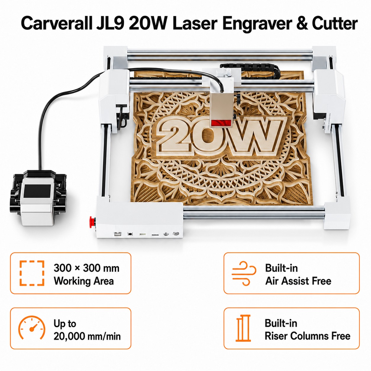 Industrial Laser Removal - Carverall JL9 20W レーザー彫刻機・カッター、300x300mm デスクトップレーザー彫刻機、デュアルモーター駆動、エアアシスト、0.01mmの精度、3つのフォーカスモード、WiFi/アプリ/LightBurn/CutLabX対応、木材・アクリル・革のDIYや小規模ビジネス向け